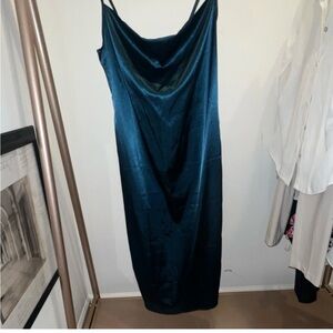Teal Satin Slip Dress with Cowl Neck